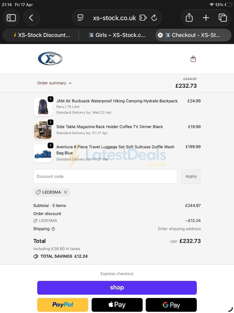 Screenshot of the XS-Stock discount code working