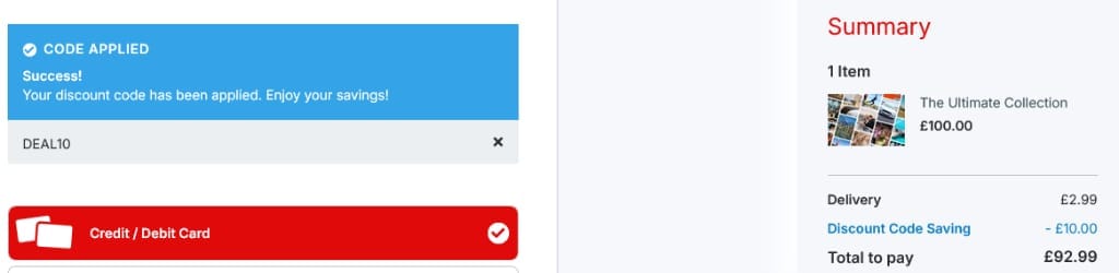 Screenshot of the Virgin Experience Days discount code working