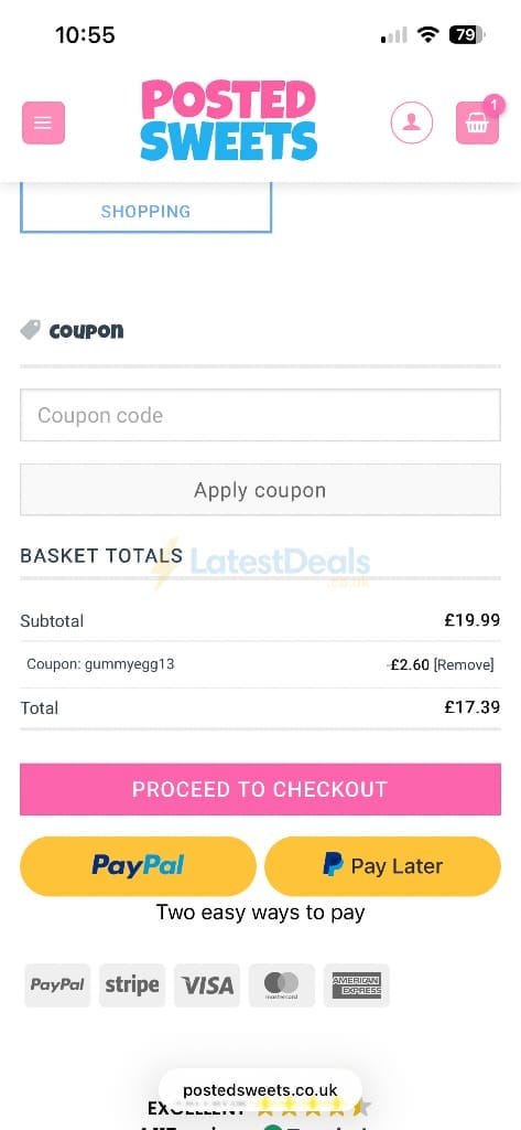 Screenshot of the Posted Sweets discount code working