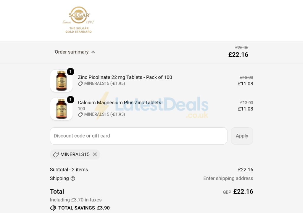 Screenshot of the Solgar discount code working