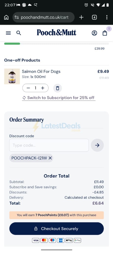 Screenshot of the Pooch & Mutt discount code working