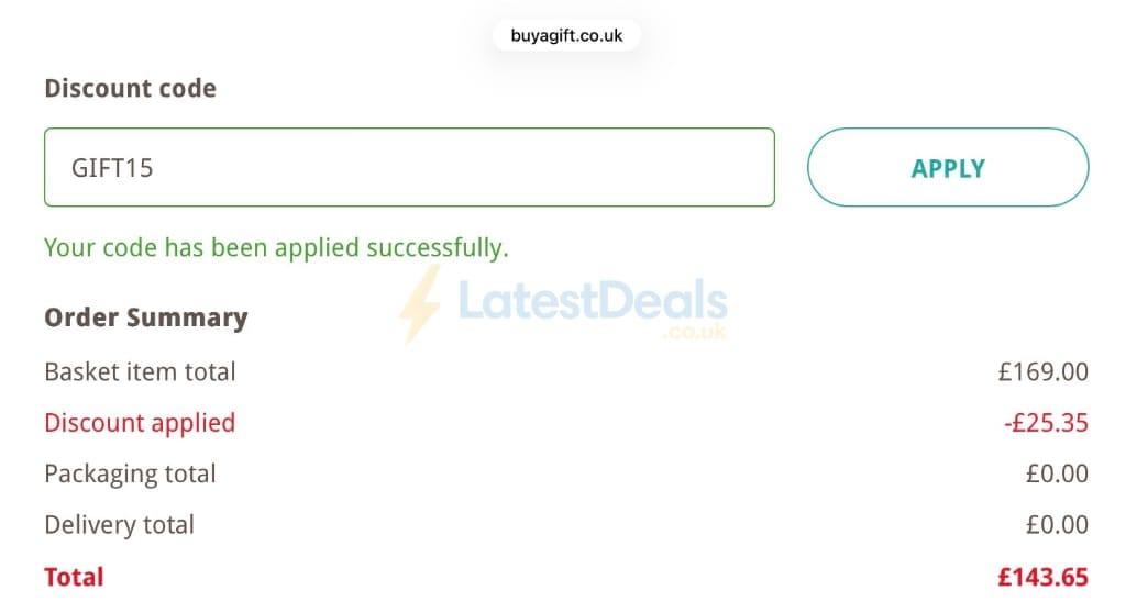 Screenshot of the Buyagift discount code working