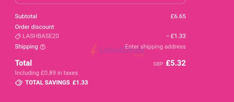 Screenshot of the LashBase discount code working