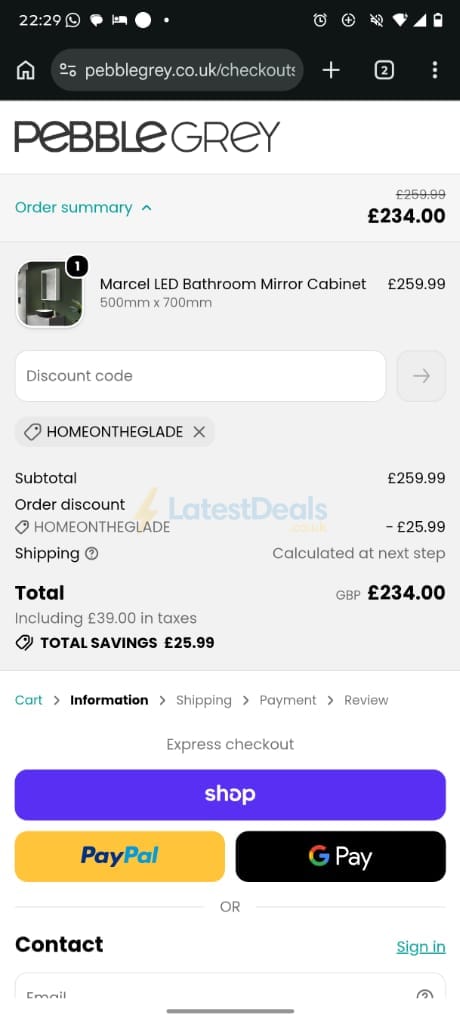 Screenshot of the Pebble Grey discount code working