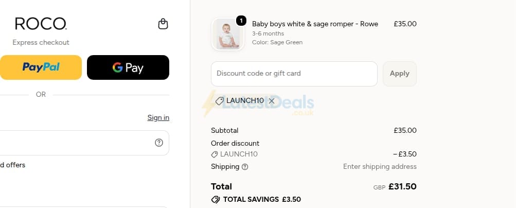 Screenshot of the Roco Clothing discount code working