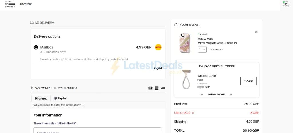Screenshot of the Ideal of Sweden discount code working