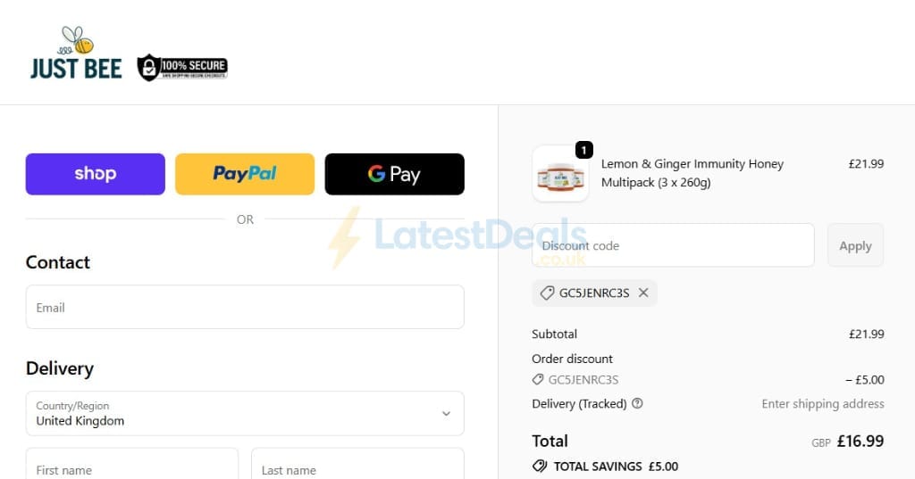Screenshot of the Just Bee Honey discount code working