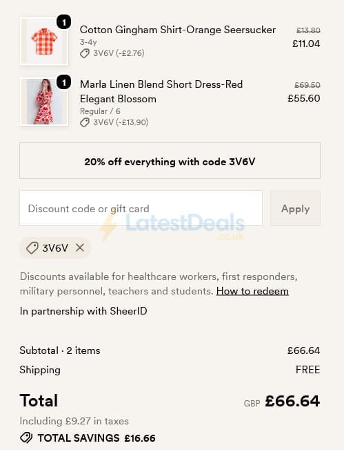 Screenshot of the BODEN discount code working