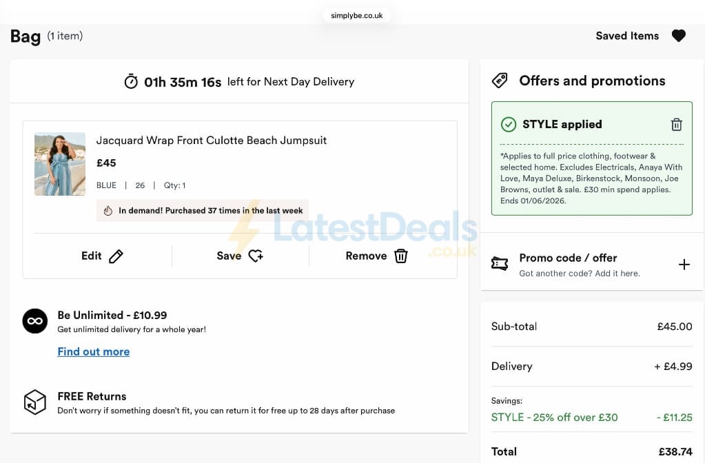 Screenshot of the Simply Be discount code working