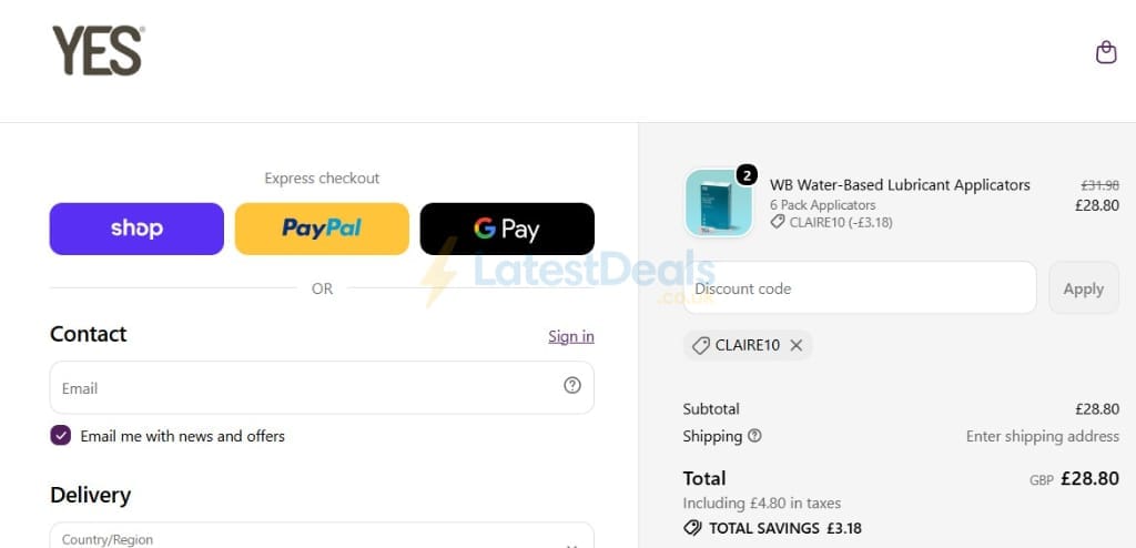 Screenshot of the Yesyesyes discount code working