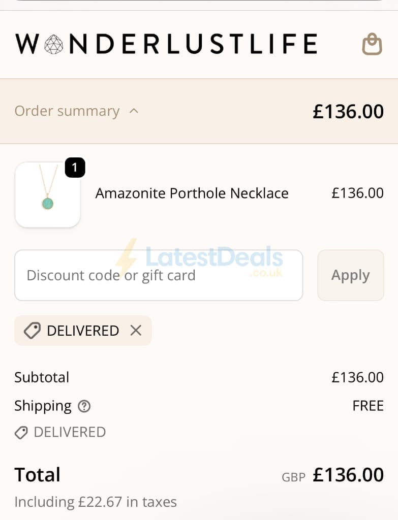 Screenshot of the Wanderlustlife discount code working