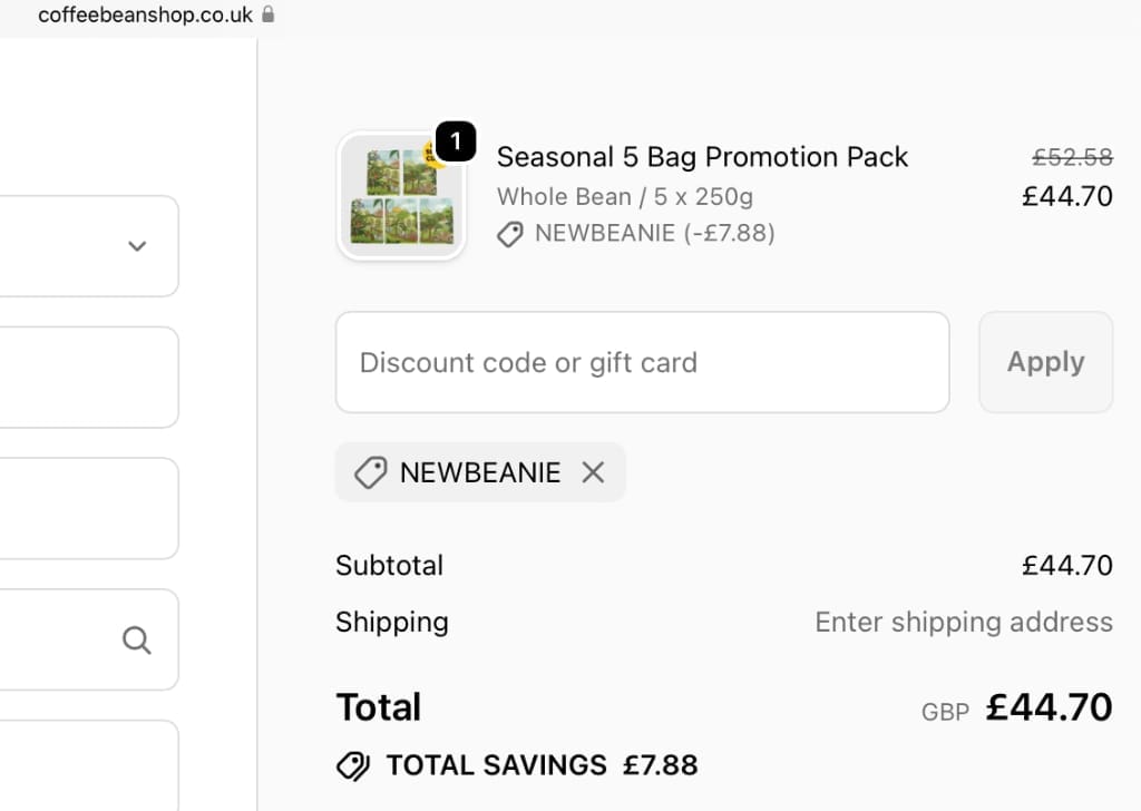 Screenshot of the Coffee Bean Shop discount code working