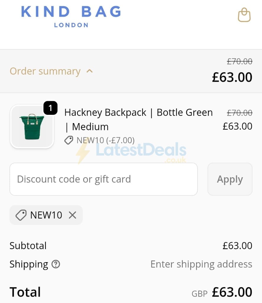 Screenshot of the Kind Bag discount code working