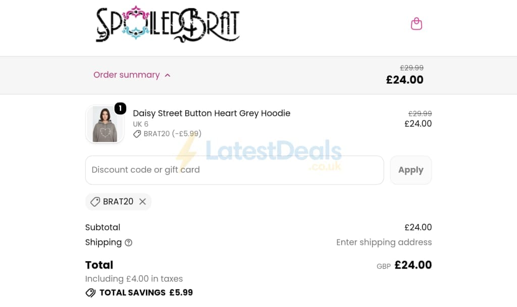 Screenshot of the Spoiled Brat discount code working