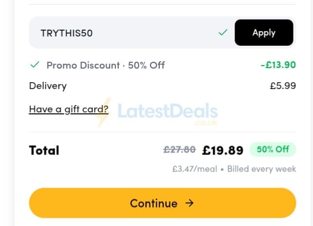 Screenshot of the Prep Kitchen discount code working