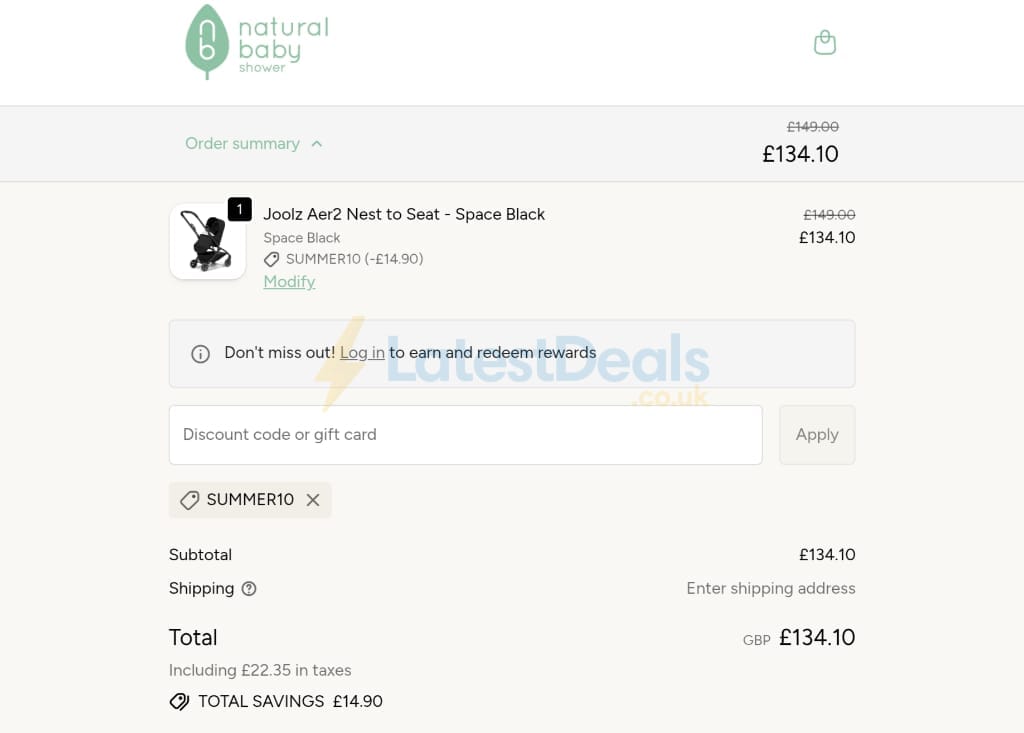Screenshot of the Natural Baby Shower discount code working