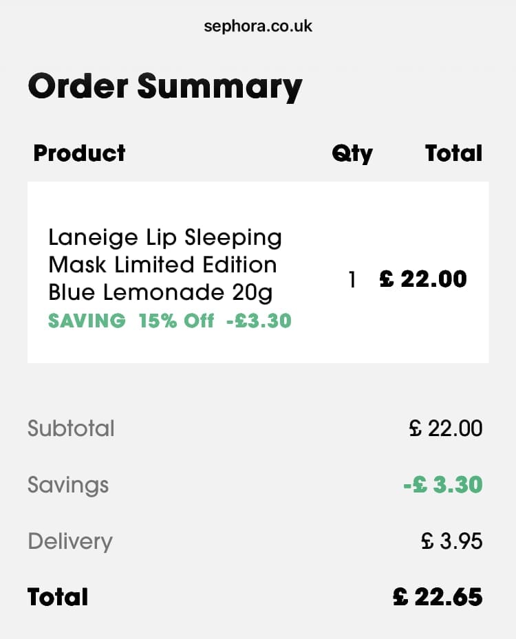 Screenshot of the Sephora discount code working