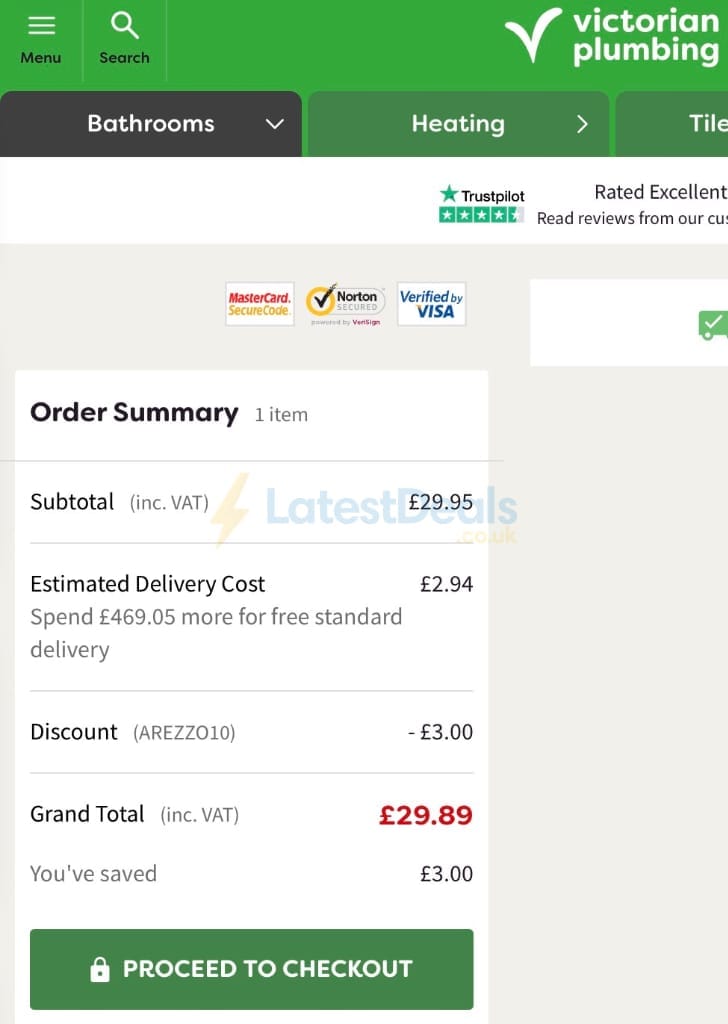 Screenshot of the Victorian Plumbing discount code working