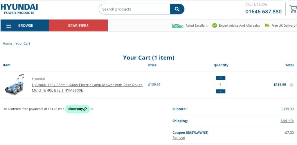 Screenshot of the Hyundai Power Equipment discount code working