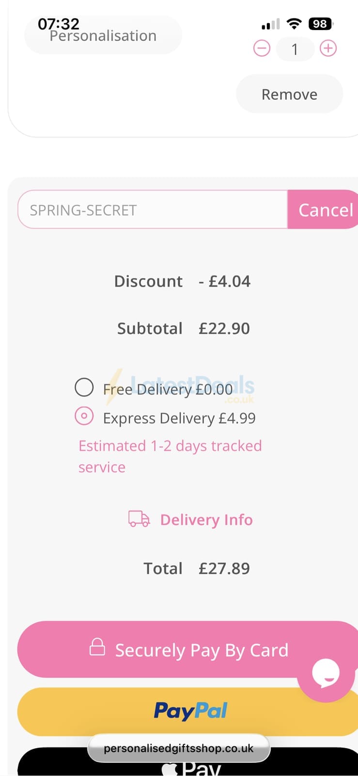 Screenshot of the Personalised Gifts Shop discount code working