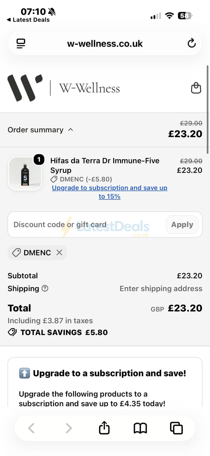 Screenshot of the W-Wellness discount code working