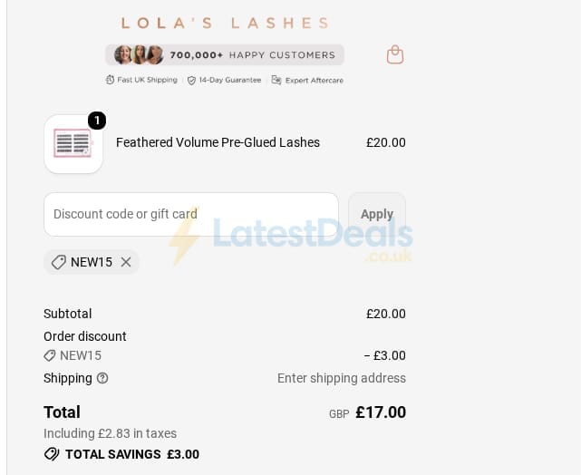 Screenshot of the Lola's Lashes discount code working