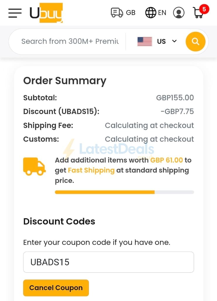 Screenshot of the Ubuy UK discount code working