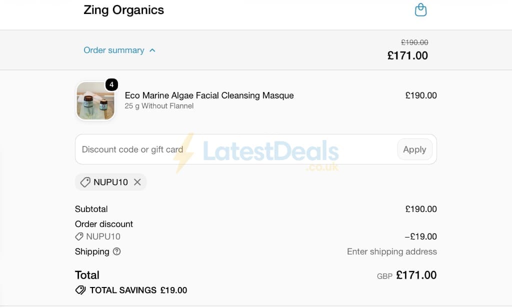 Screenshot of the Zing Organics discount code working