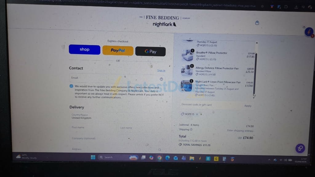 Screenshot of the The Fine Bedding Company discount code working