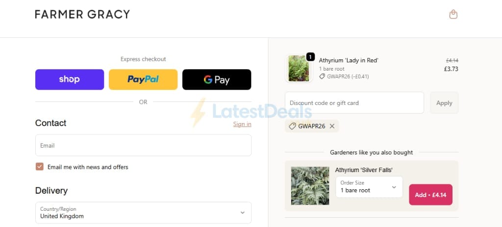 Screenshot of the Farmer Gracy discount code working