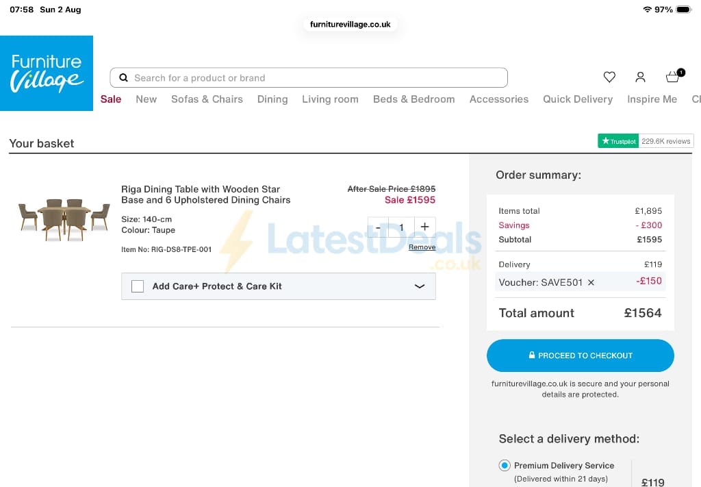 Screenshot of the Furniture Village discount code working