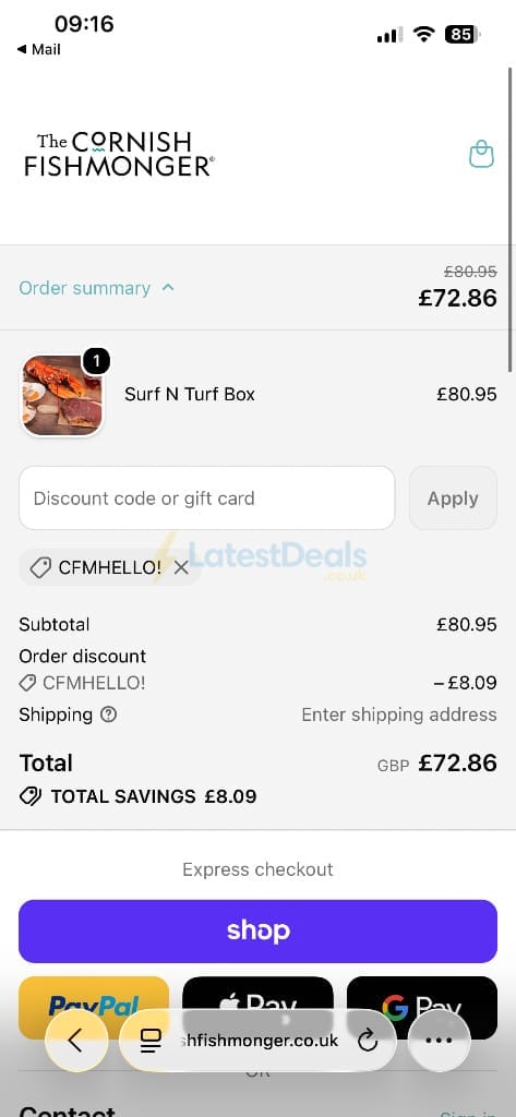Screenshot of the The Cornish Fishmonger discount code working