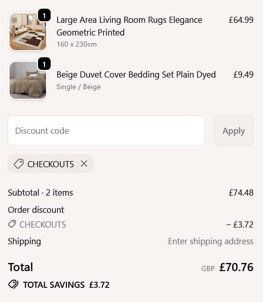 Screenshot of the Imperial Rooms discount code working