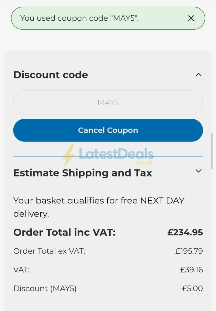 Screenshot of the Powertool World discount code working