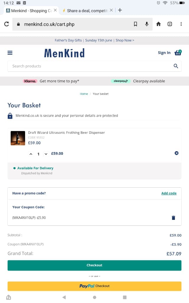 Screenshot of the Menkind discount code working