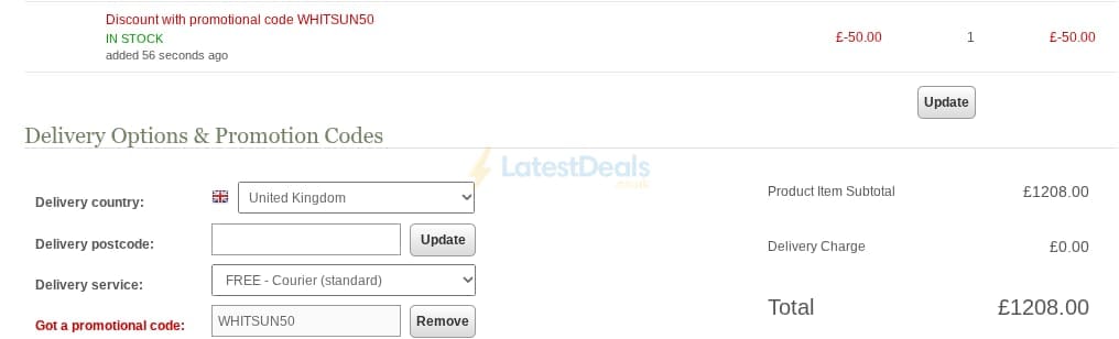 Screenshot of the Uttings discount code working