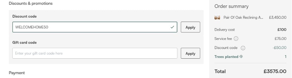 Screenshot of the Vinterior discount code working