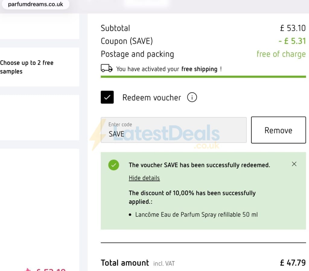 Screenshot of the Parfumdreams discount code working