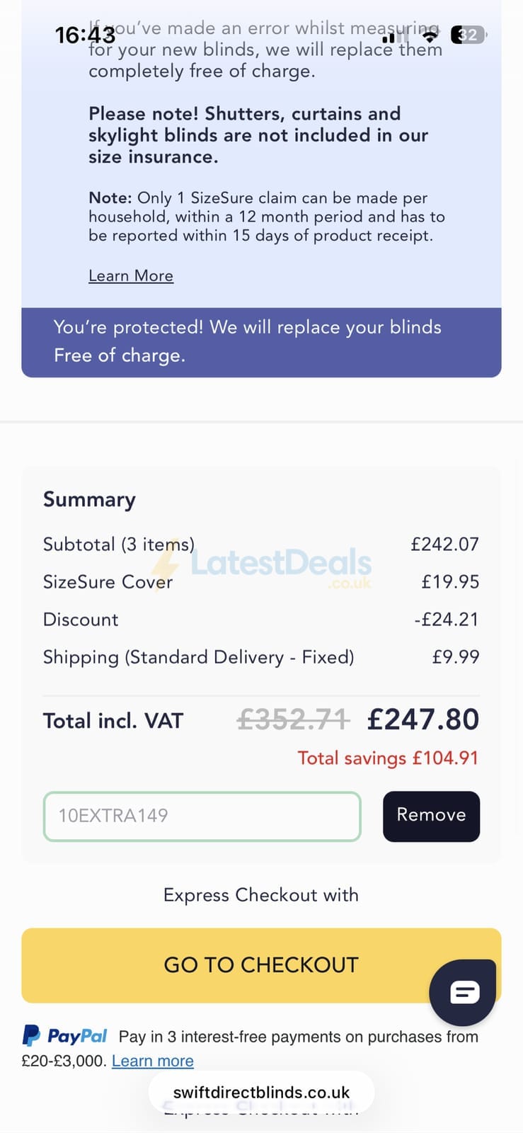 Screenshot of the Swift Direct Blinds discount code working