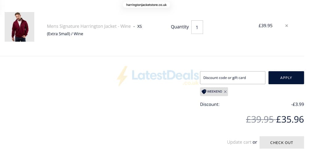 Screenshot of the Harrington Jacket Store discount code working