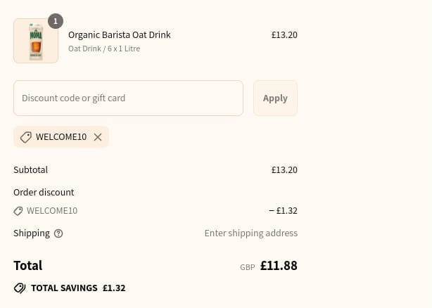 Screenshot of the MOMA Foods discount code working