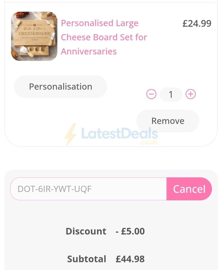Screenshot of the Personalised Gifts Shop discount code working