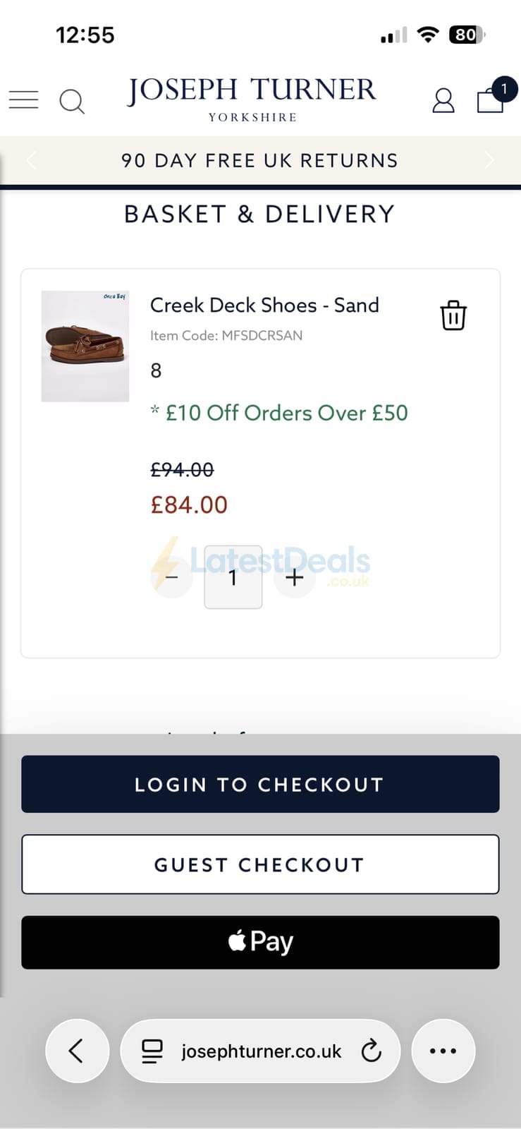 Screenshot of the Joseph Turner discount code working