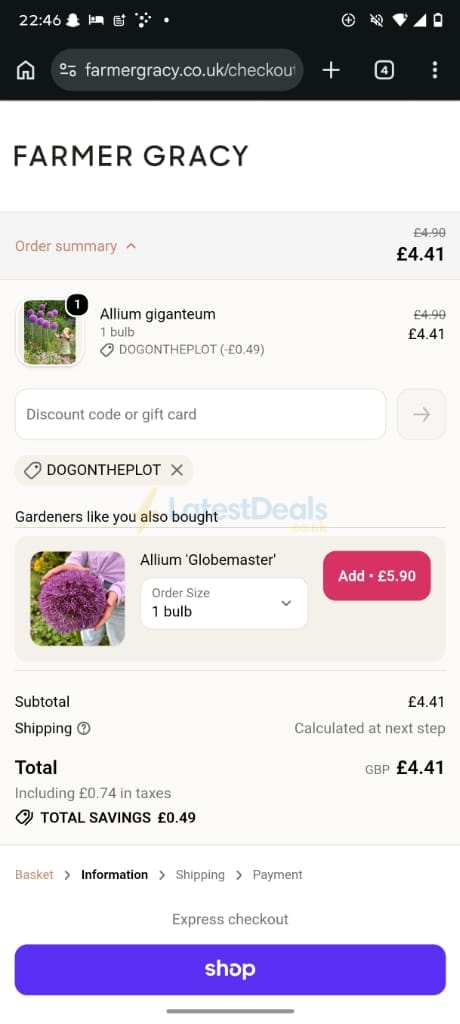 Screenshot of the Farmer Gracy discount code working
