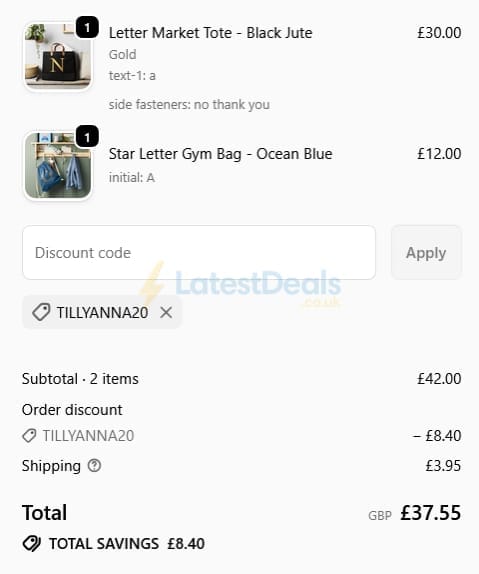 Screenshot of the Tillyanna discount code working