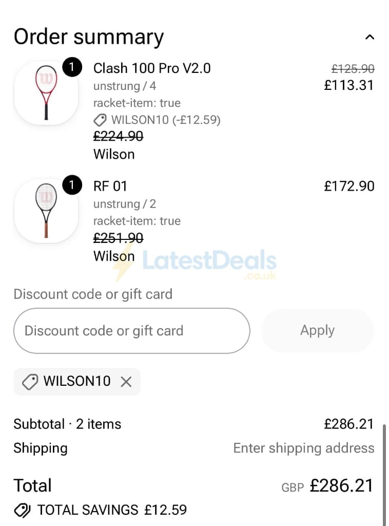 Screenshot of the Tennis Point discount code working