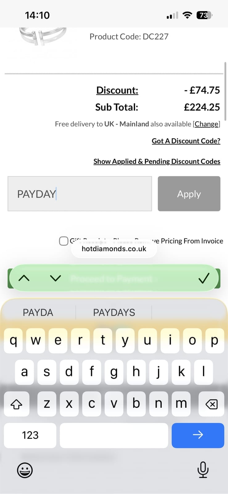 Screenshot of the Hot Diamonds discount code working