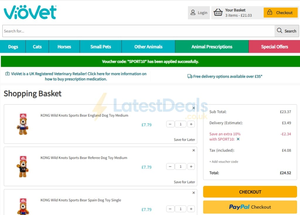 Screenshot of the Viovet discount code working
