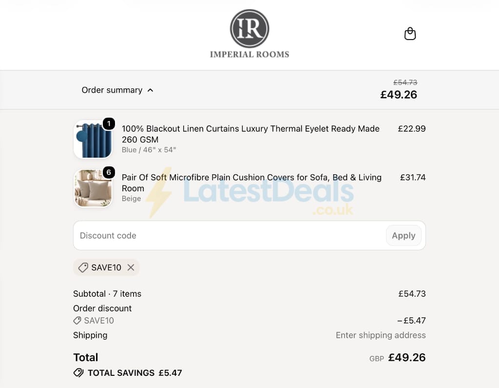 Screenshot of the Imperial Rooms discount code working