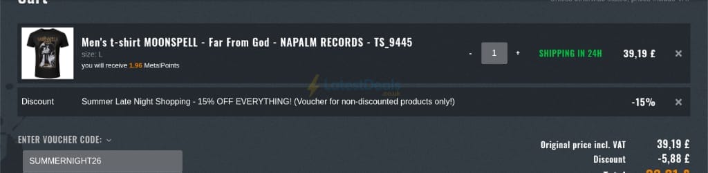 Screenshot of the Metalshop discount code working